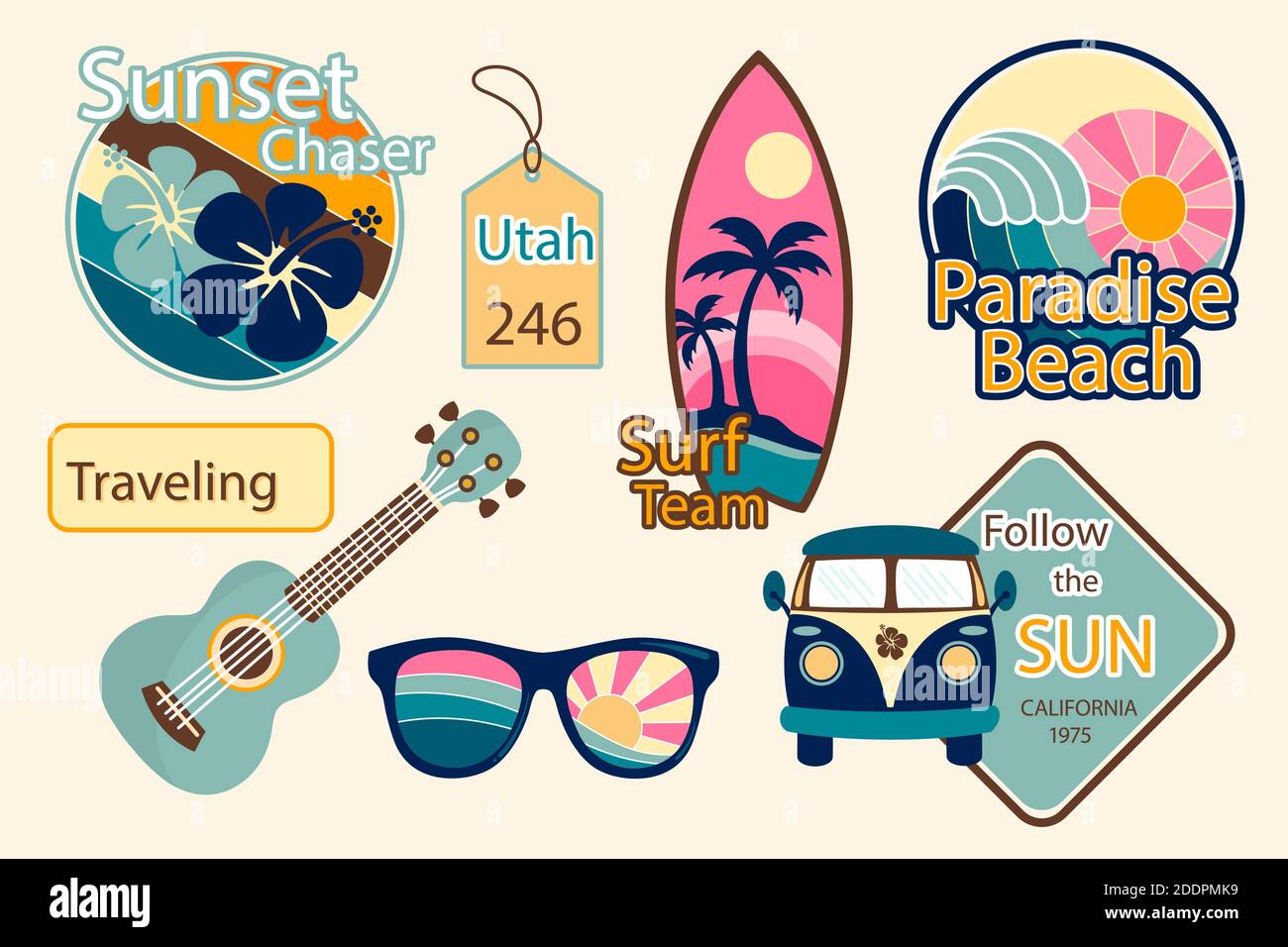 Ensemble d'autocollants de voyage dans l'illustration vectorielle de style 0s Illustration de Vecteur