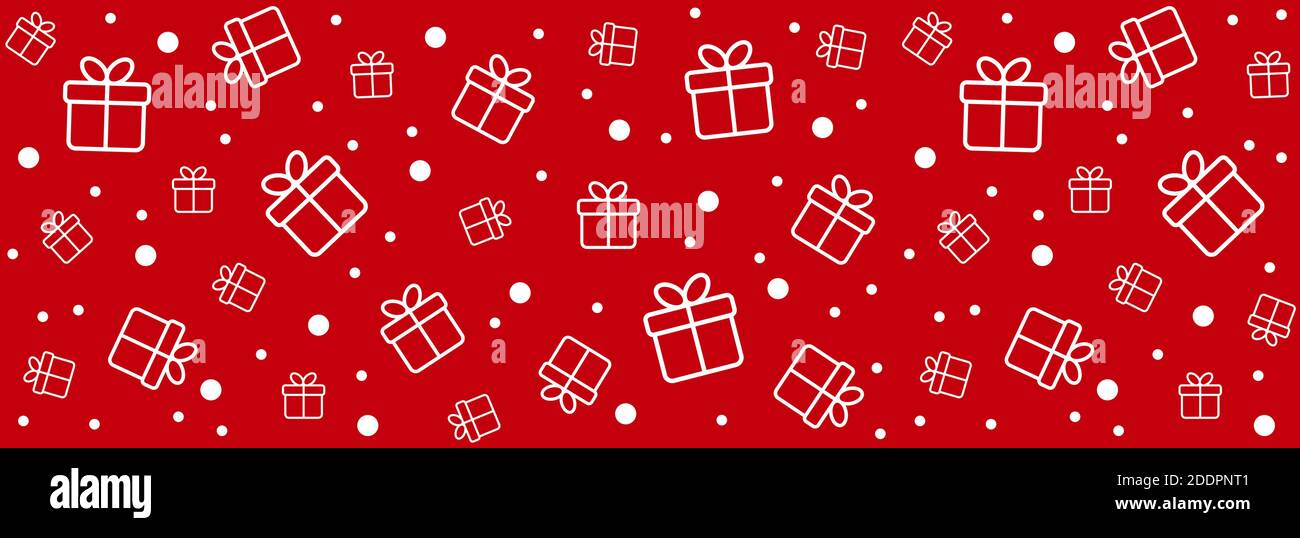 Fond rouge de Noël avec boîtes cadeaux blanches et neige. Bannière longue vectorielle, motif sans couture pour les voeux de Noël, papier d'emballage Illustration de Vecteur