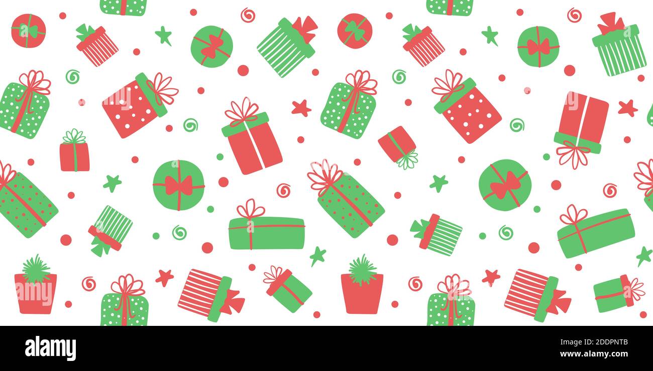 Boîtes-cadeaux de Noël à motif sans coutures. Joli vecteur long fond, bannière avec cadeaux dessinés à la main Illustration de Vecteur