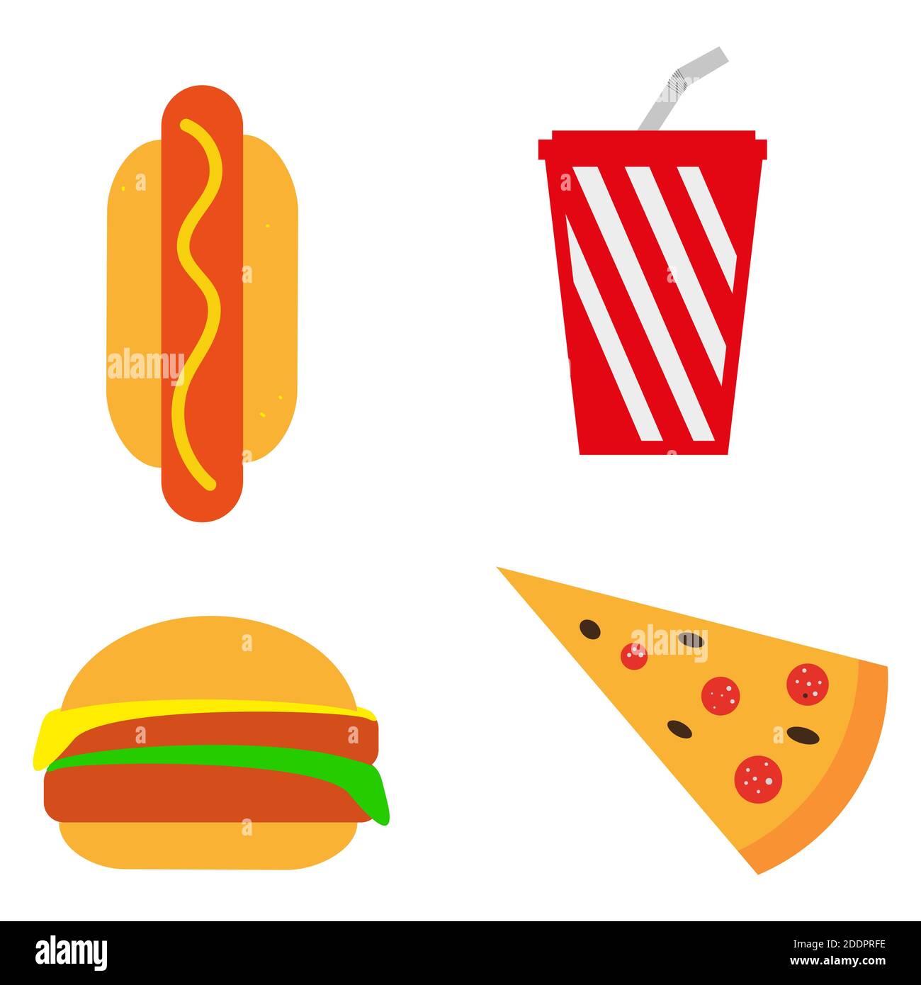 Set de restauration rapide isolé sur fond blanc. Conception simple. Chien chaud. Ketchup. Moutarde. Hamburger. Pizza. Vecteur Illustration de Vecteur