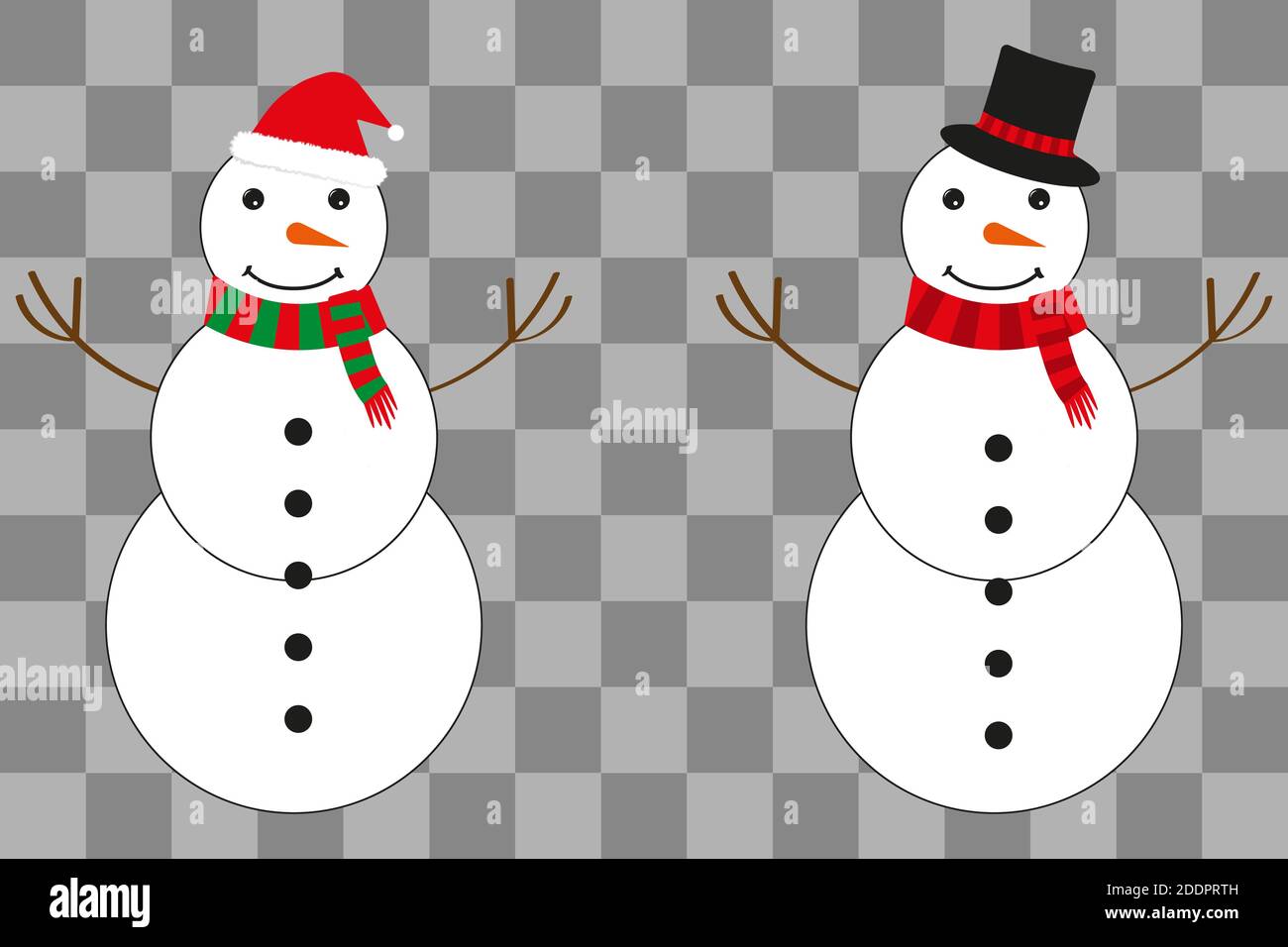 Deux bonhommes de neige dans un chapeau de Père Noël et un chapeau de