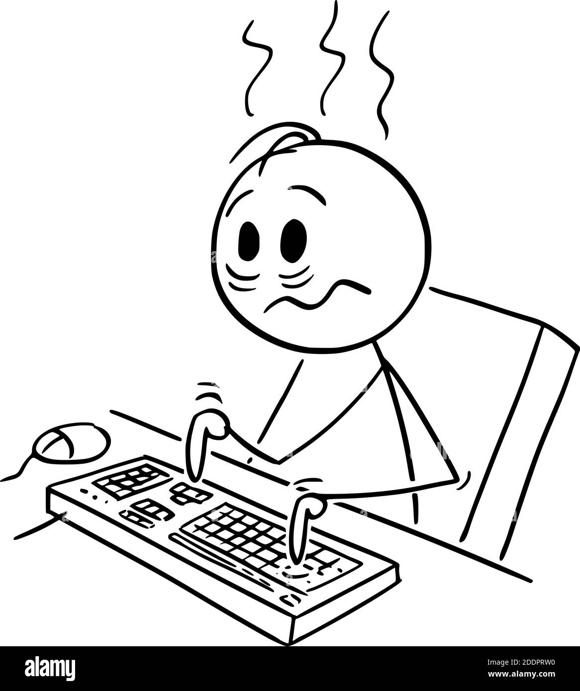 Dessin animé vectoriel figure de figure de surtravaillé, fatigué ou épuisé homme ou homme d'affaires travaillant sur l'ordinateur dans le bureau. Illustration de Vecteur