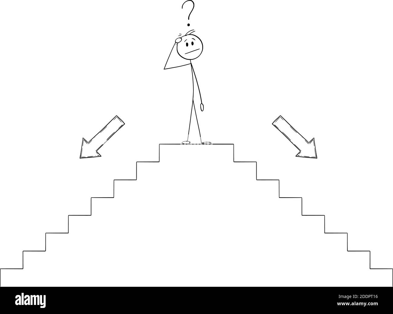 Illustration vectorielle de dessin animé représentant un homme ou un homme d'affaires qui pense au-dessus d'un escalier, d'un escalier ou d'un escalier et qui pense à la direction future, en choisissant la direction vers le bas. Illustration de Vecteur