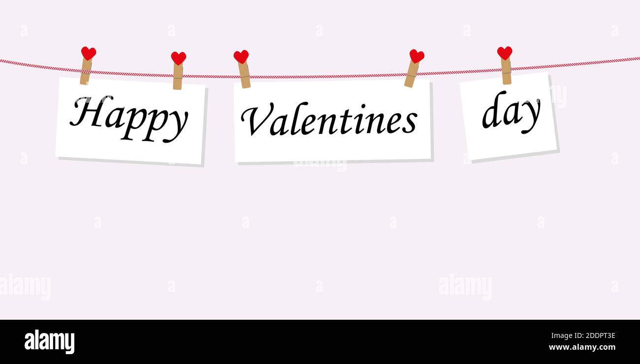 Happy Valentine's Day concept avec texte sur papier suspendu sur une corde attachée avec une goupille à linge. Au jour des amoureux. Illustration vectorielle Illustration de Vecteur