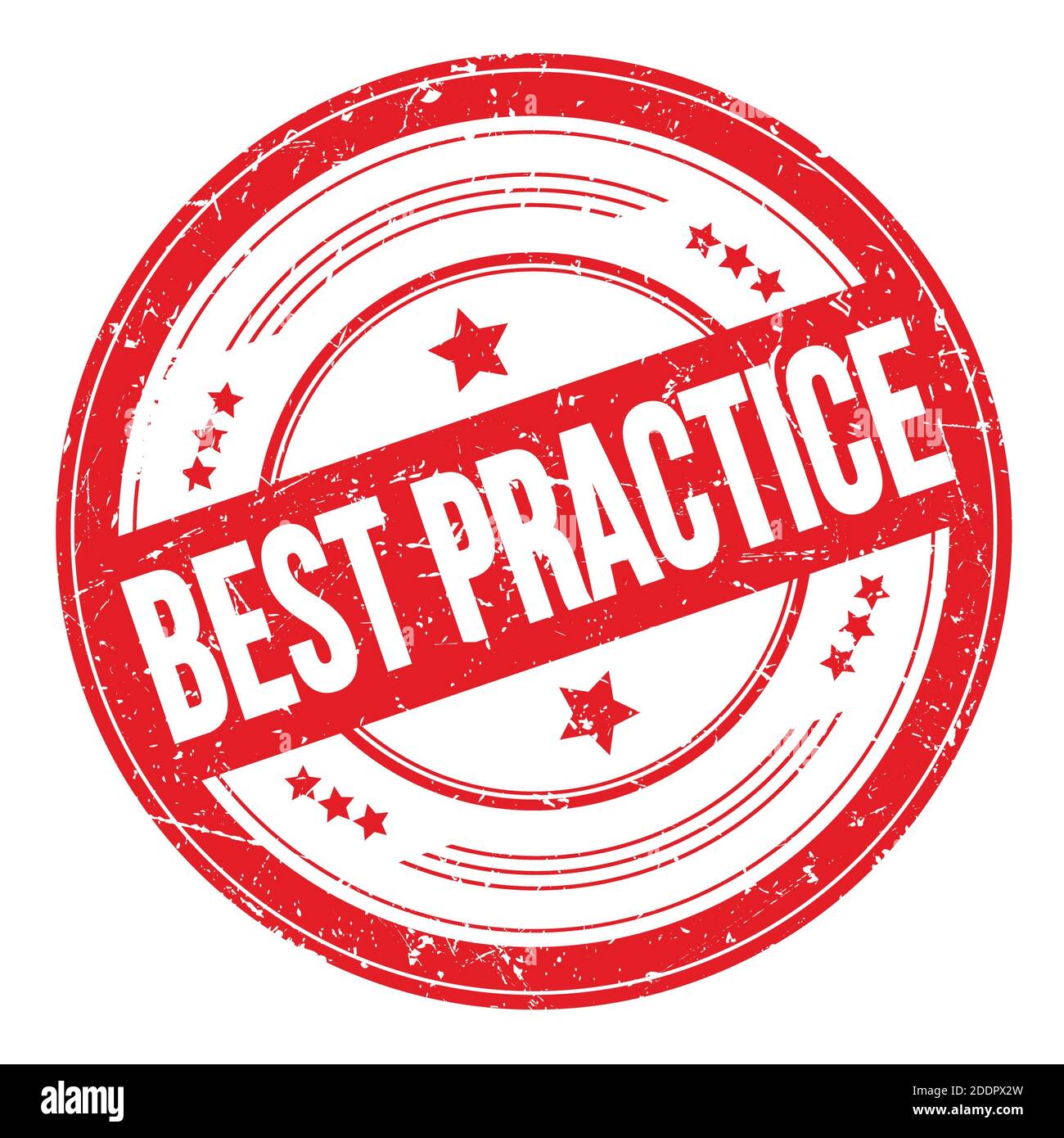 TEXTE DE LA MEILLEURE PRATIQUE sur le timbre de texture rond rouge grungy. Banque D'Images