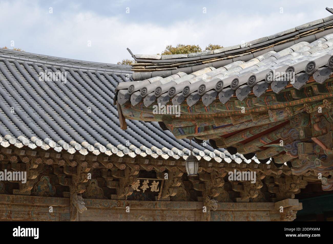 Toits du temple de Tongdosa près de Yangsan, province sud de Gyeongsang, Corée. Inscription: 龍華殿 'Maitreya Hall' Banque D'Images