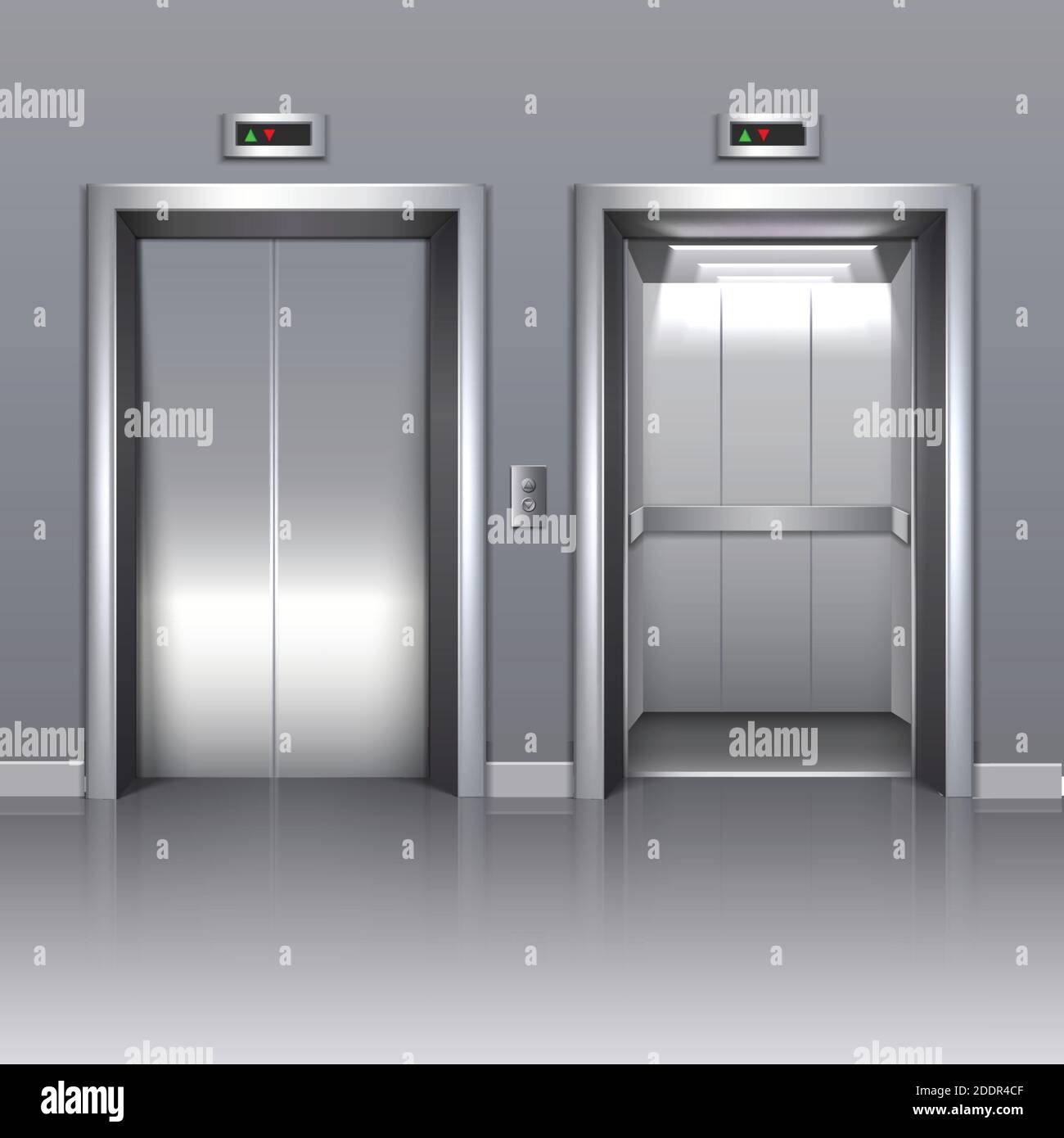 ascenseur de bâtiment de bureau vectoriel 3d réaliste avec portes fermées ou ouvertes. Illustration de Vecteur