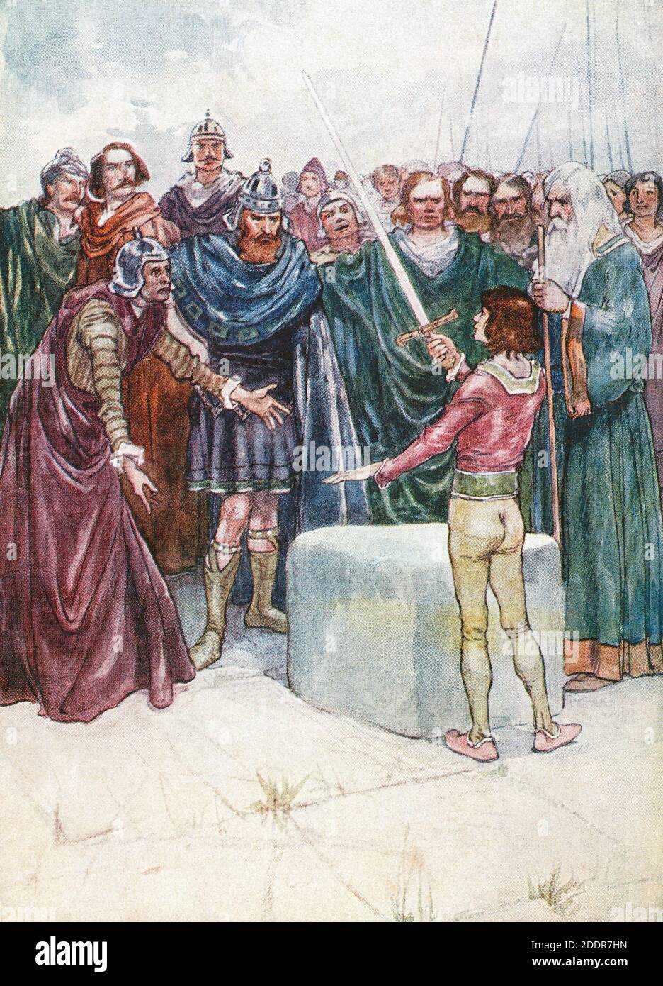 Le jeune Arthur tire l'épée Excalibur de la pierre. Après une illustration de l'artiste du XIXe siècle Archibald Stevenson Forrest. Banque D'Images