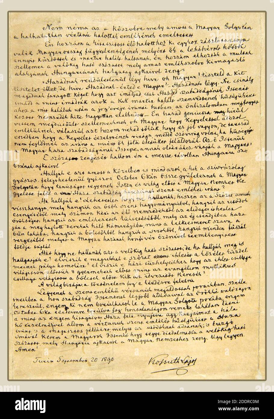 Kossuth texte écrit arad discours. Banque D'Images