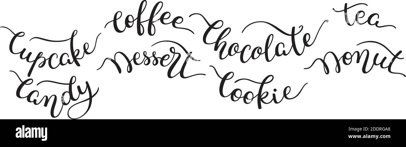 Définir des mots de lettrage à la main. Cupcake, café, chocolat, thé, bonbons, dessert, biscuit, beignet. Motif sans couture. Illustration vectorielle sur fond blanc. Illustration de Vecteur Définir des mots de lettrage à la main. Cupcake, café, chocolat, thé, bonbons, dessert, biscuit, beignet. Motif sans couture. Illustration vectorielle sur fond blanc. Illustration de Vecteur