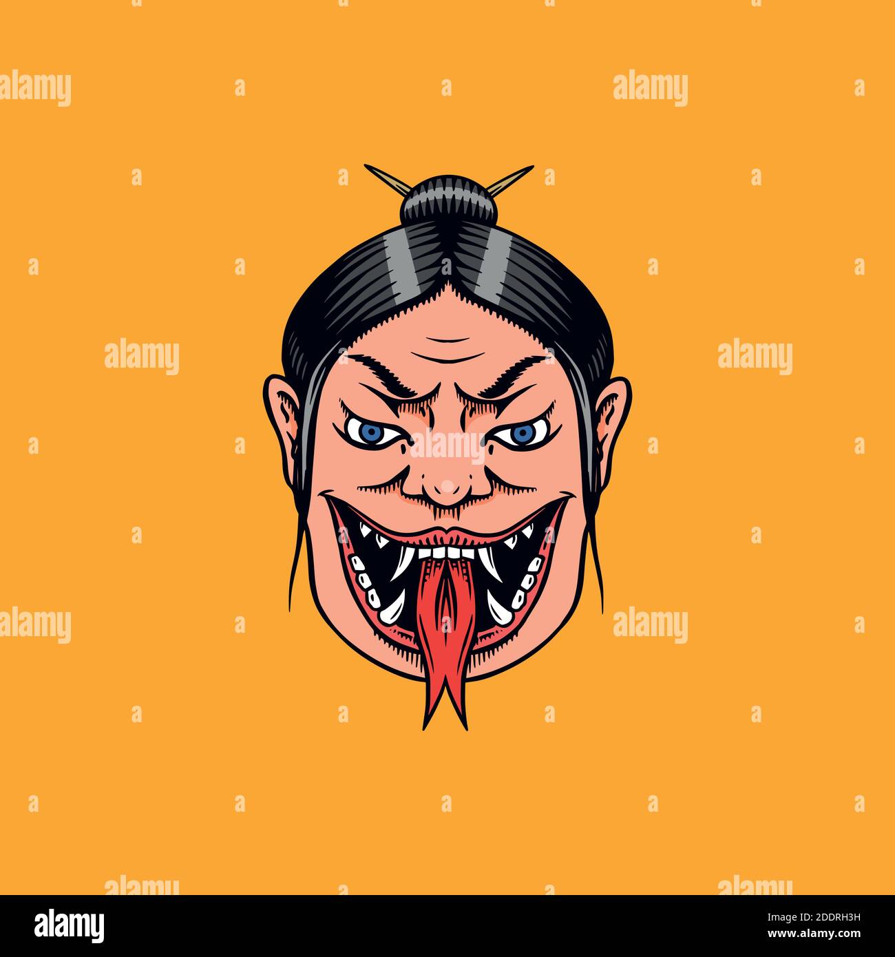 Geisha femelle japonaise avec langue serpent. Hurlant femme effrayante. Symbole mythologique chinois ou asiatique pour tatouage ou étiquette. Ligne gravée dessinée à la main Illustration de Vecteur