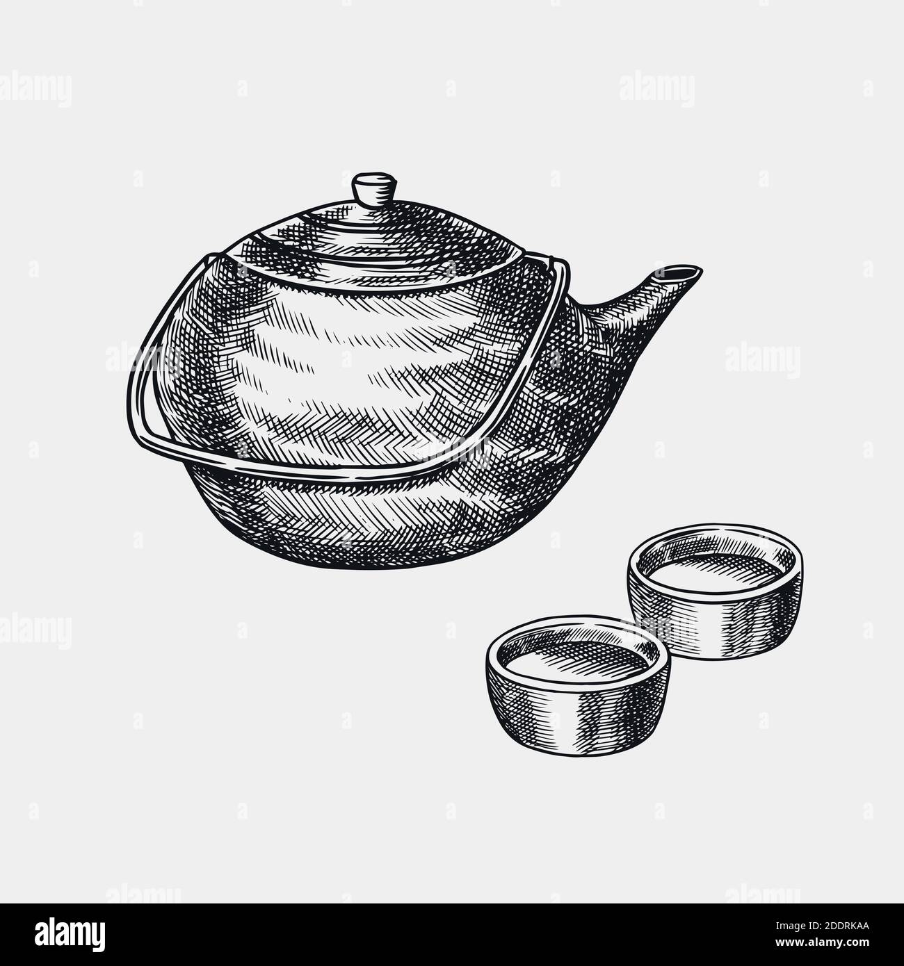 Fête de thé japonaise. Théière et bols traditionnels. Esquisse gravée à la main pour le menu. Style monochrome. Illustrations vectorielles Illustration de Vecteur