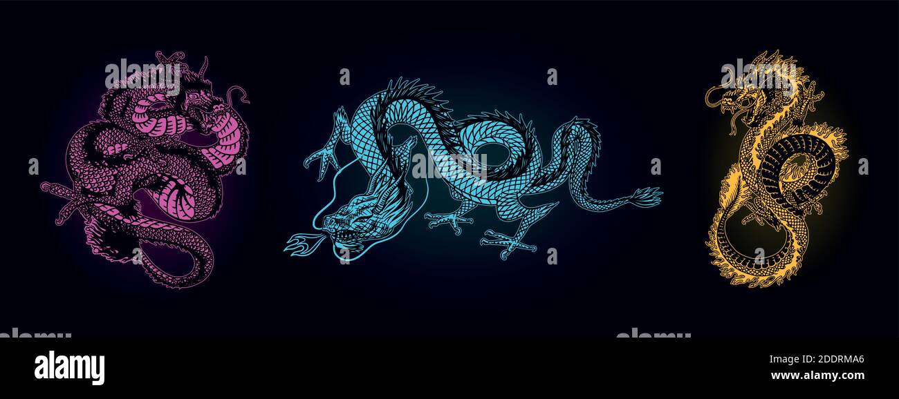 Dragon de néon japonais. Animal mythologique ou reptile traditionnel asiatique. Symbole pour tatouage ou étiquette. Art de ligne gravé à la main Vintage Old Illustration de Vecteur