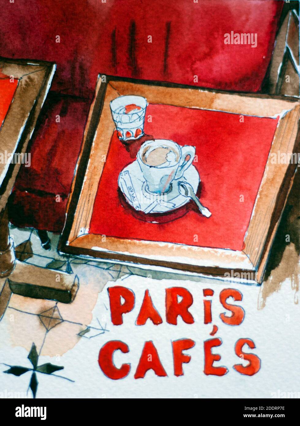 Intérieur d'un vieux café typique dans Patis avec rouge bancs et tables en bois avec une tasse de café d'origine aquarelle peinture Banque D'Images