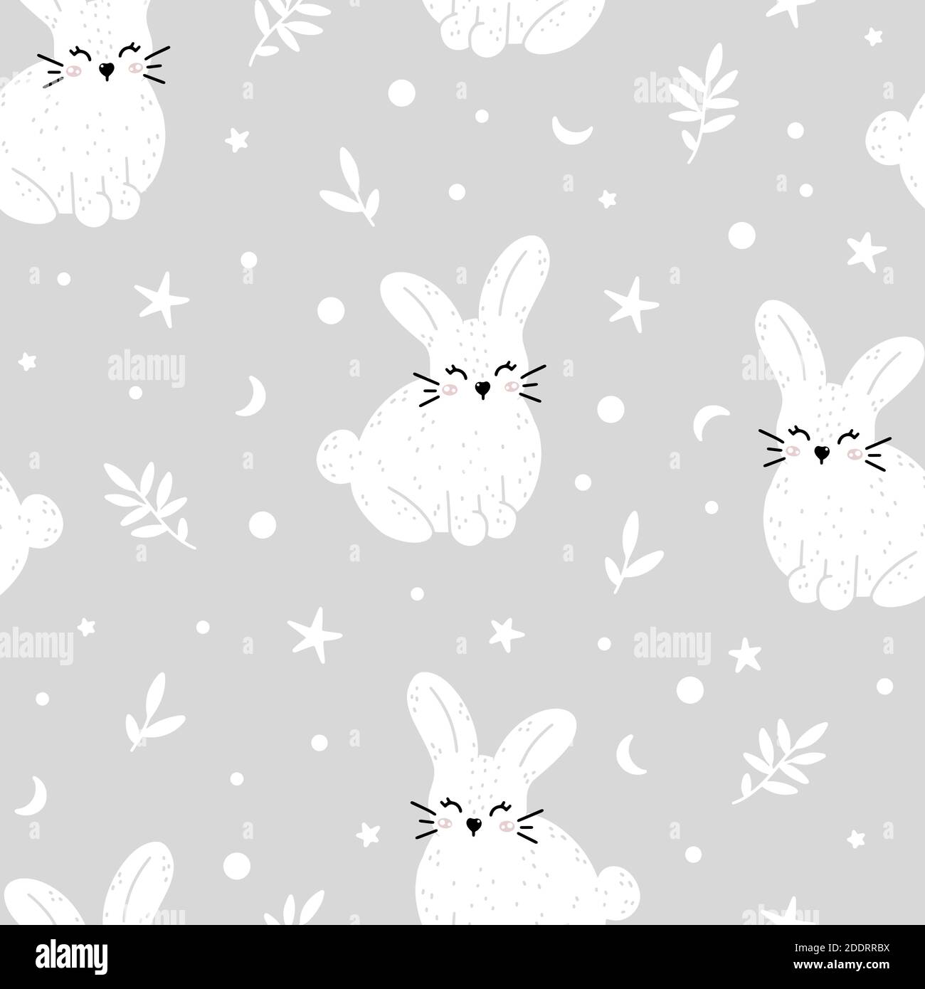 Joli motif lapin sans couture avec éléments abstraits isolés sur fond gris. Illustration vectorielle monochrome dessinée à la main en scandinave Illustration de Vecteur