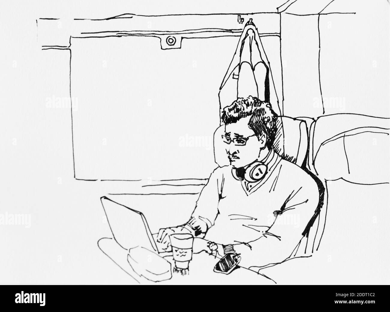 Dessin à l'encre d'un homme d'affaires travaillant dans le train avec son ordinateur portable et son téléphone portable pendant le voyage Banque D'Images
