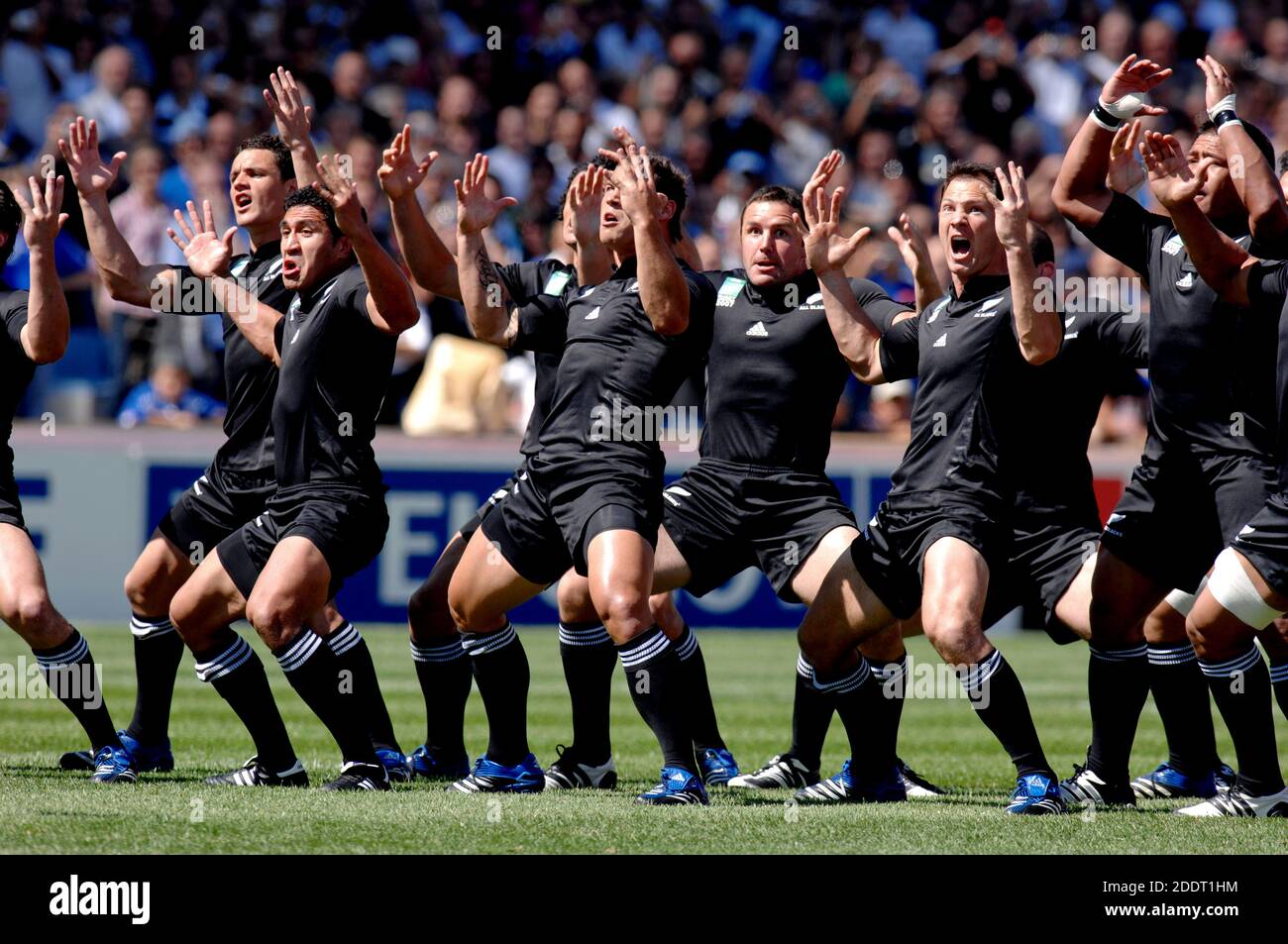 Les joueurs de l'équipe de rugby de Nouvelle-Zélande qui jouent à la danse du haka maori au match de rugby Italie contre Nouvelle-Zélande, lors de la coupe du monde de rugby de France 2007. Banque D'Images