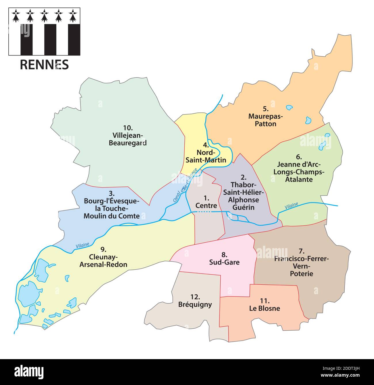 Carte vectorielle administrative de Rennes, capitale bretonne Illustration de Vecteur
