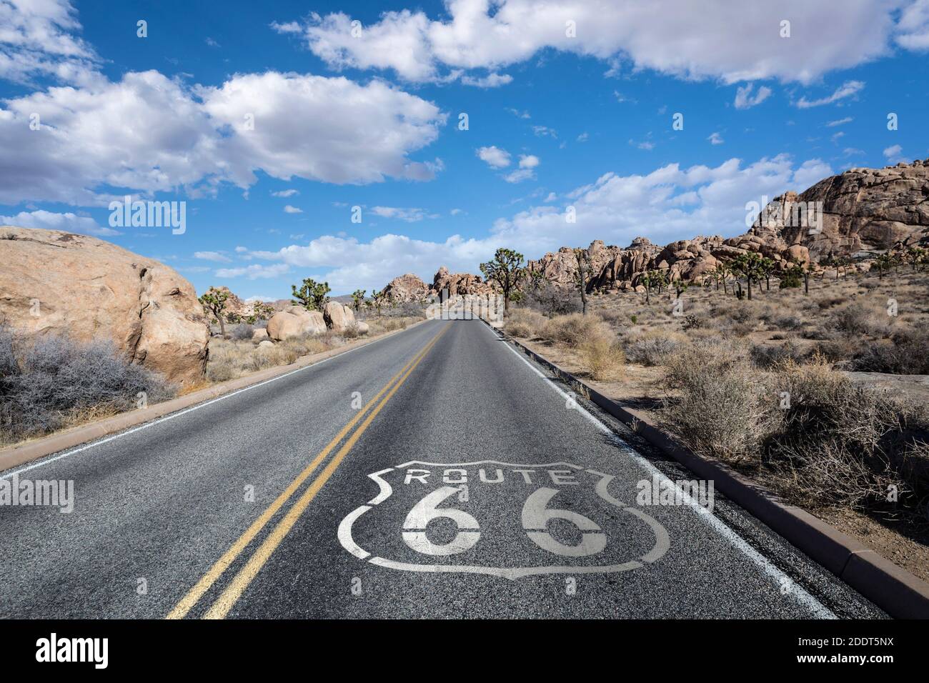 Route de Joshua Tree dans le désert de Californie avec signalisation routière route 66 et nuages. Banque D'Images