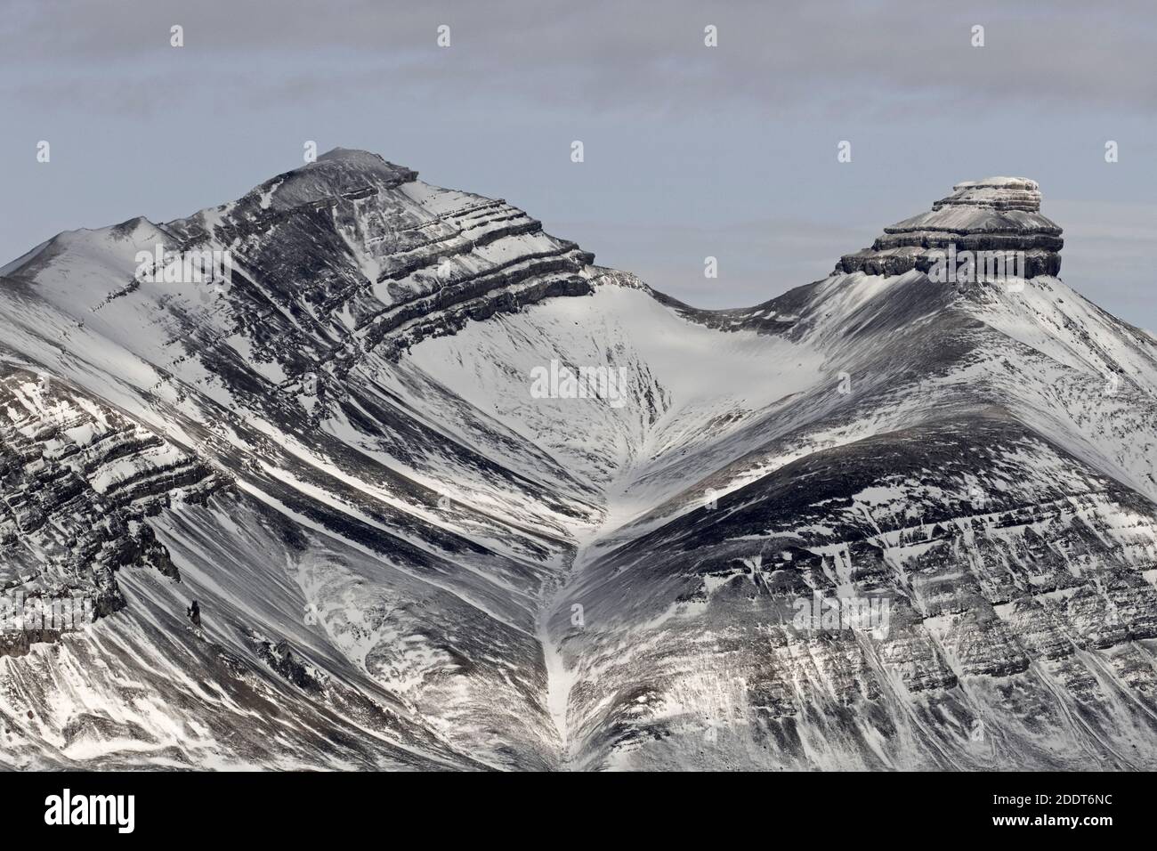 Neige couverte versant de montagne carbonifère montrant des strates en automne, Billefjord / Billefjorden, Svalbard / Spitsbergen, Norvège Banque D'Images