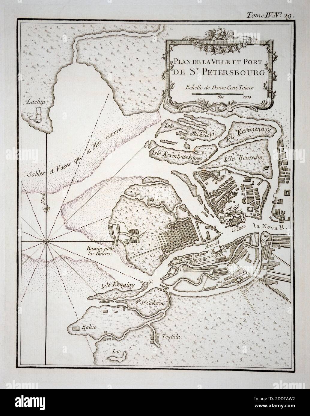 Plan de la ville et Port de Saint-Petersbourg par Jacques-Nicolas Bellin, une gravure originale sur plaque de cuivre de l'année 1760. Saint-Pétersbourg Russie de Banque D'Images