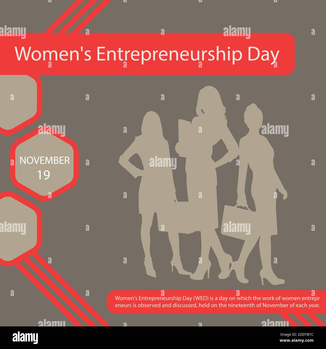 La Journée de l'entrepreneuriat féminin (JME) est une journée où le travail des femmes entrepreneurs est observé et discuté, qui a lieu le 19 novembre de chaque année Illustration de Vecteur