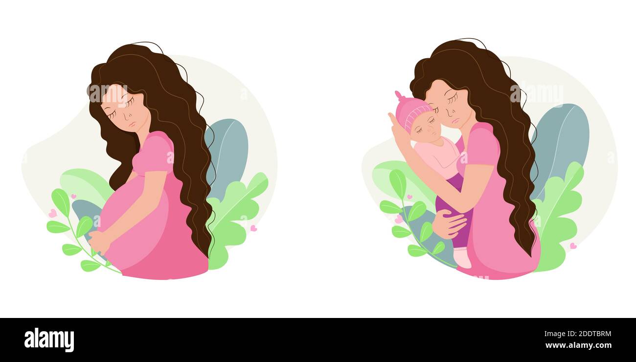 Belle femme enceinte et tenant bébé dans ses bras. Concept de maternité. Illustration vectorielle. Illustration de Vecteur