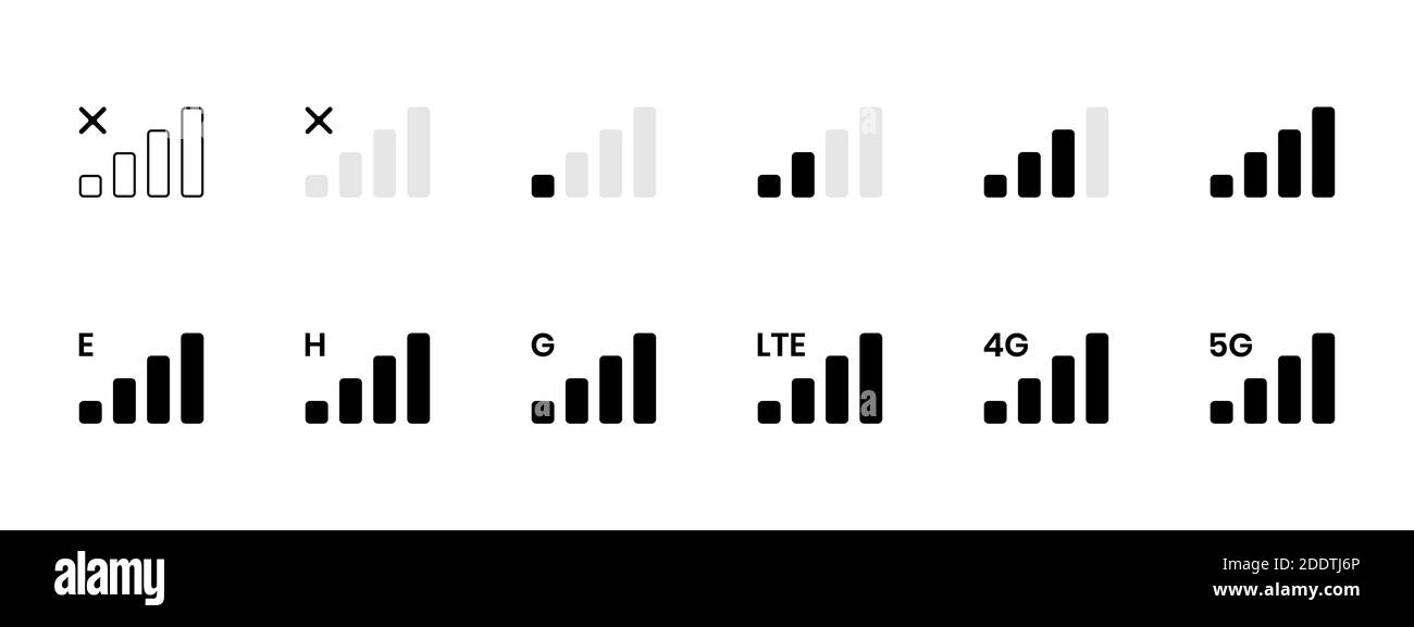 Collection de barres de réception de signal de l'illustration vectorielle. Icônes de niveau de connexion du téléphone mobile. Aucun signal, mauvais, état du réseau lte, 4g et 5g. Force Illustration de Vecteur
