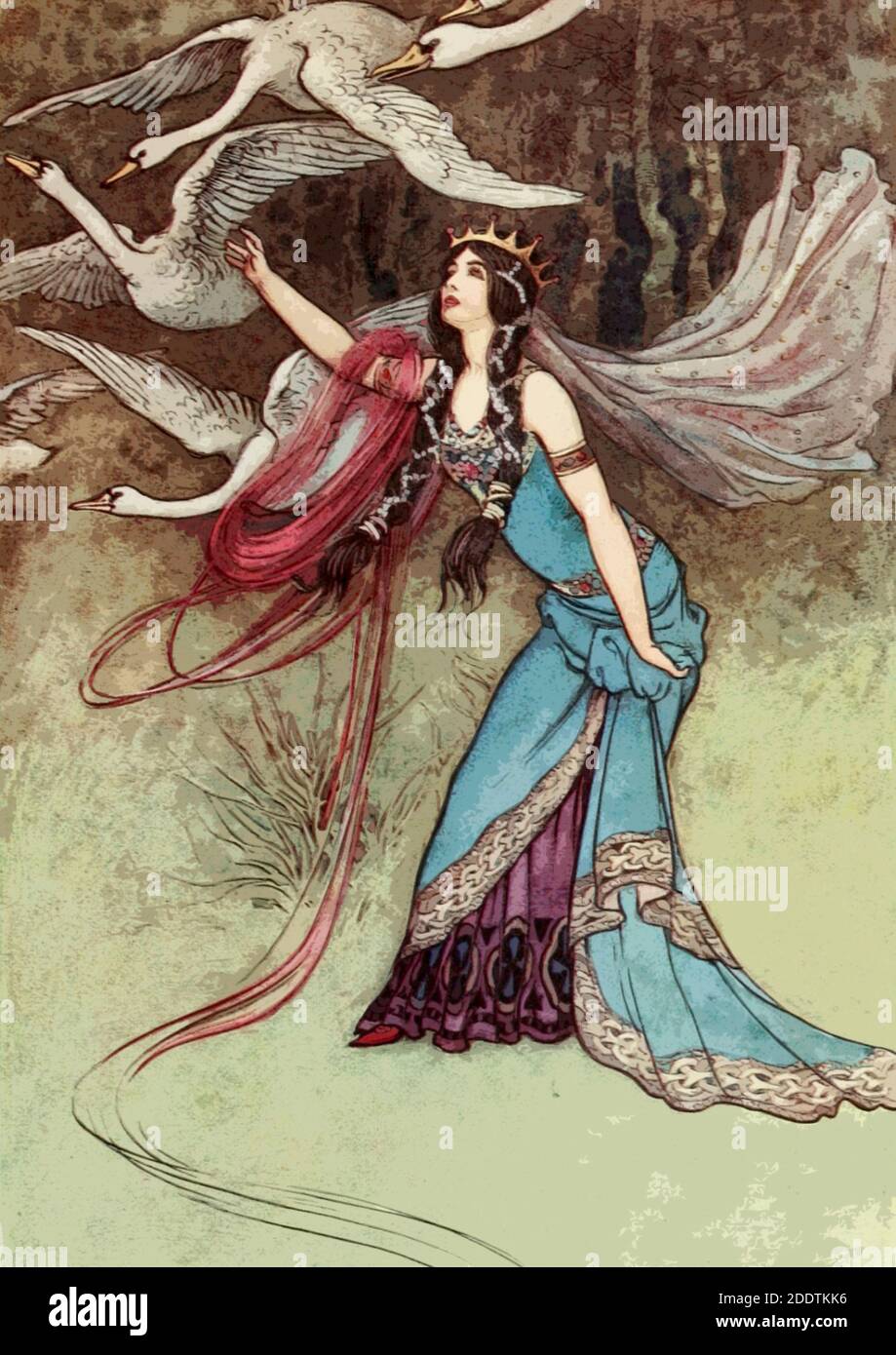 Warwick Goble - Princesse et cygnes - 1910 Banque D'Images