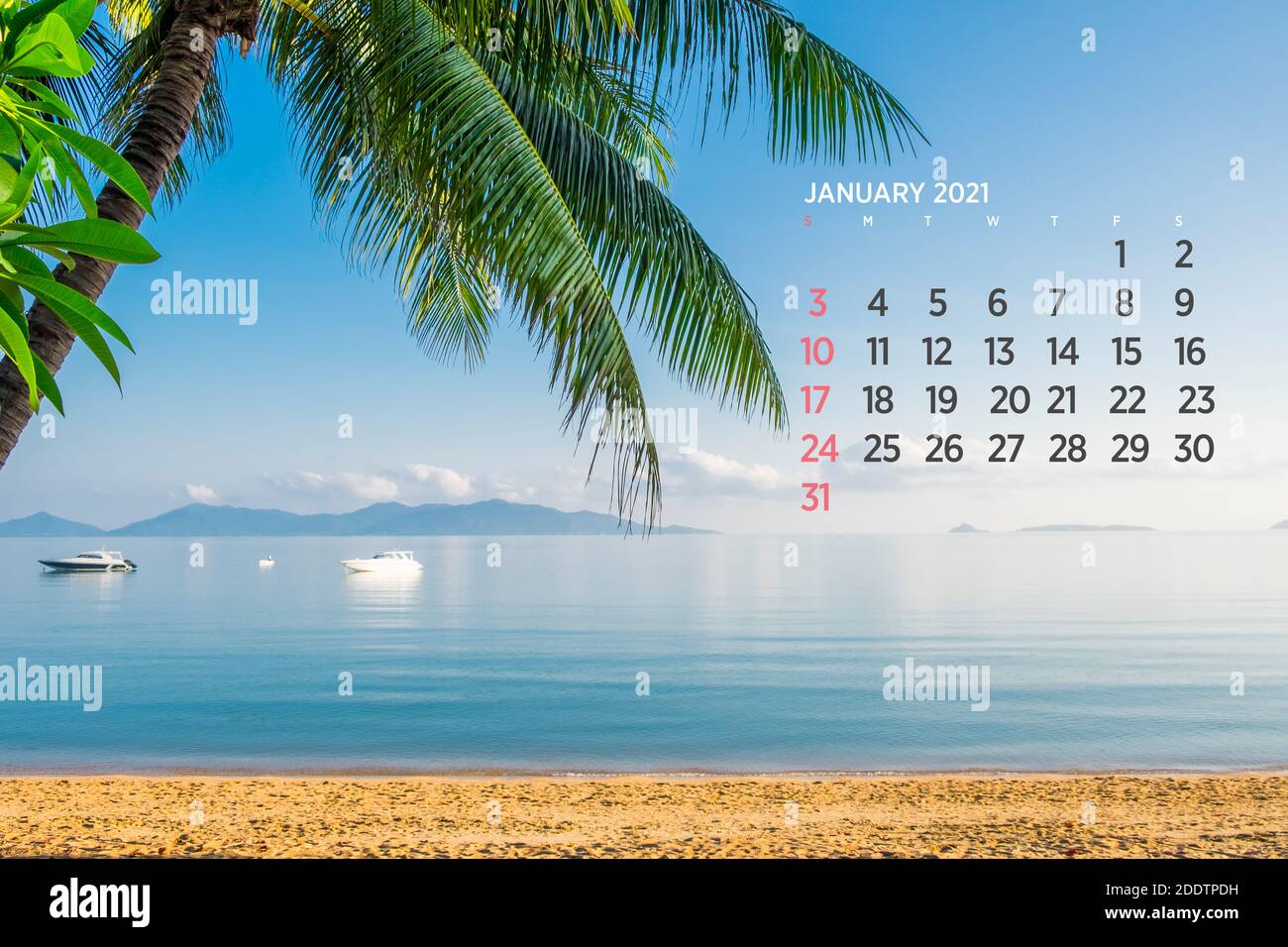 Calendrier janvier 2021. Mer, océan, plage, tropical, thème de la nature. A2. 60 x 40 cm. 15.75 x 23.62 pouces Banque D'Images