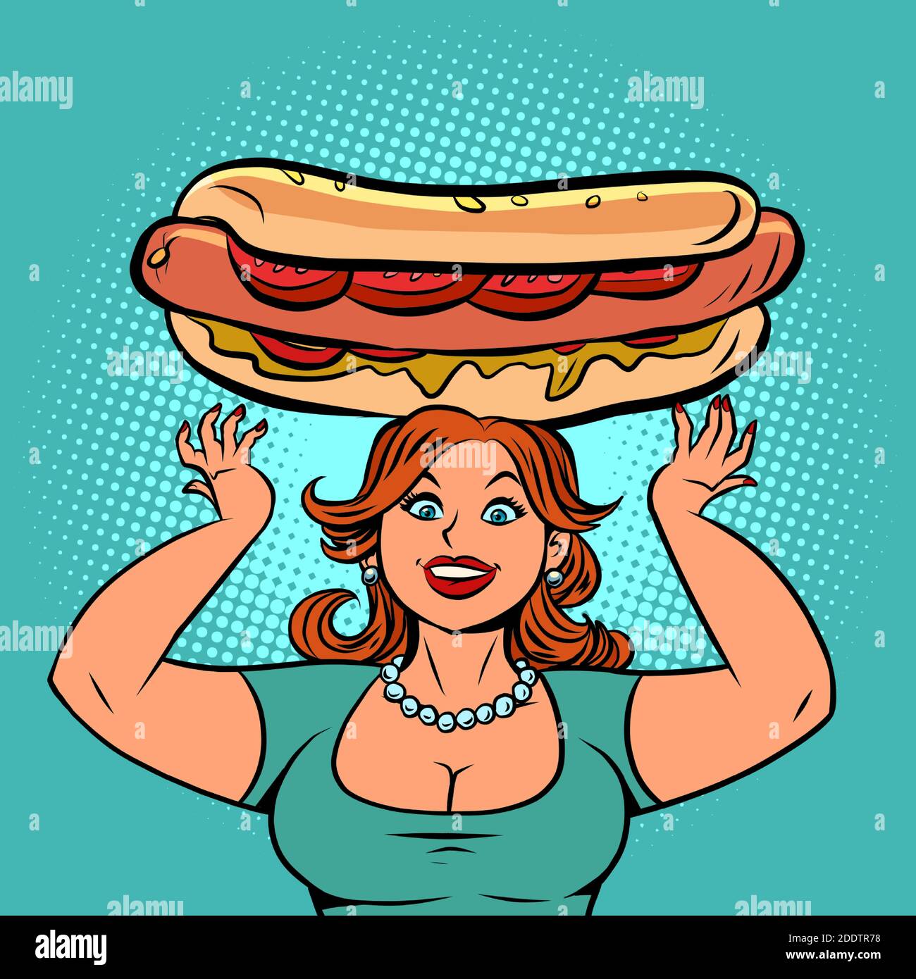 Femme drôle avec un grand hot dog Illustration de Vecteur