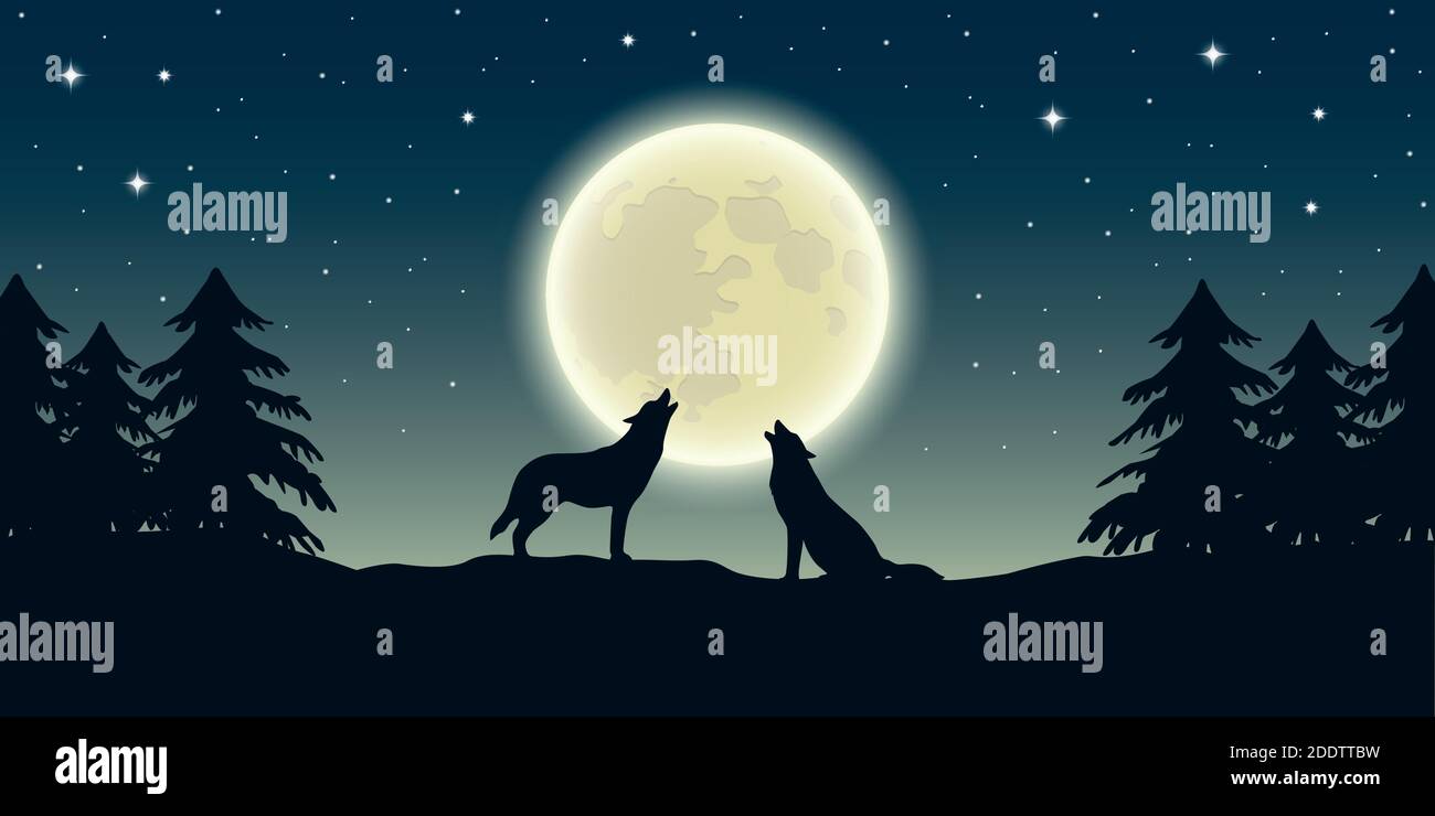 Deux loups hurler à la pleine lune et paysage de forêt illustration vecteur EPS10 Illustration de Vecteur