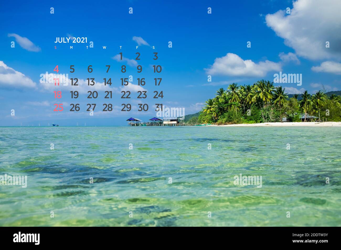 Calendrier juillet 2021. Mer, océan, plage, tropical, thème de la nature. A2. 60 x 40 cm. 15.75 x 23.62 pouces Banque D'Images