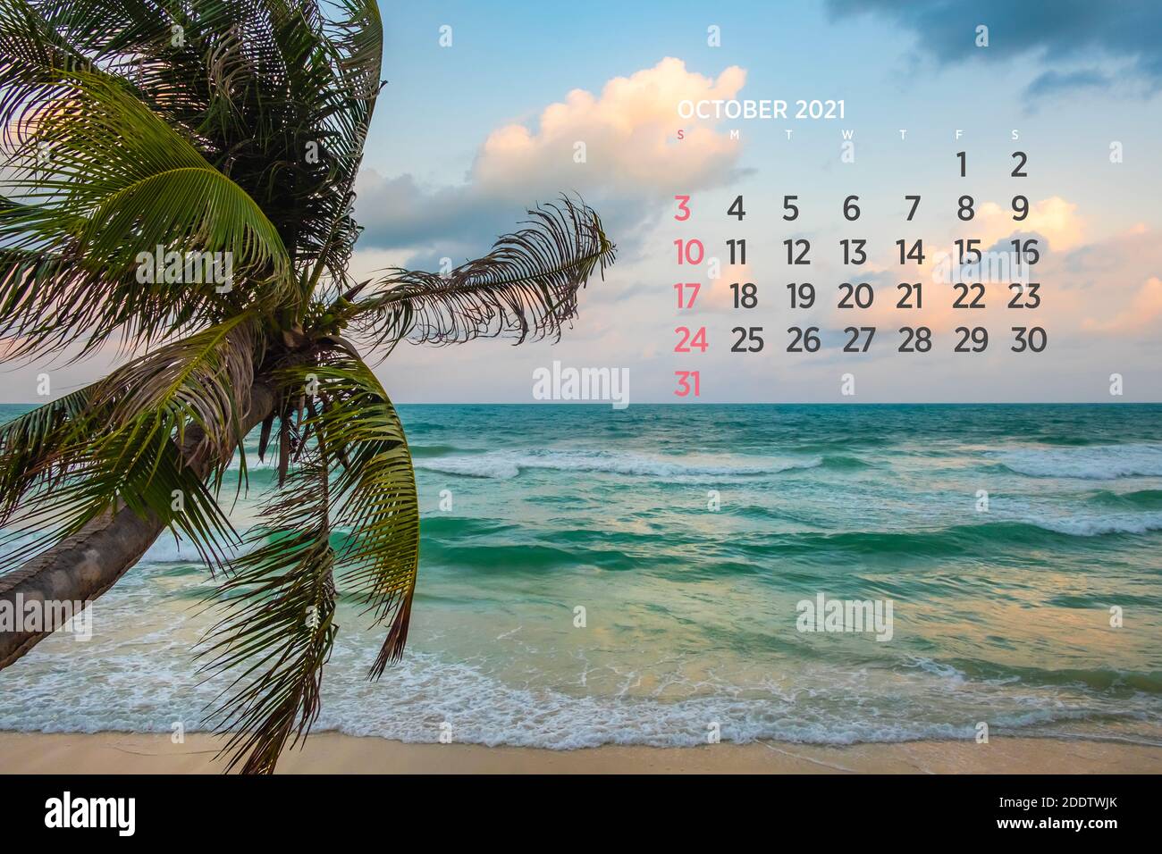 Calendrier octobre 2021. Mer, océan, plage, tropical, thème de la nature. A2. 60 x 40 cm. 15.75 x 23.62 pouces Banque D'Images