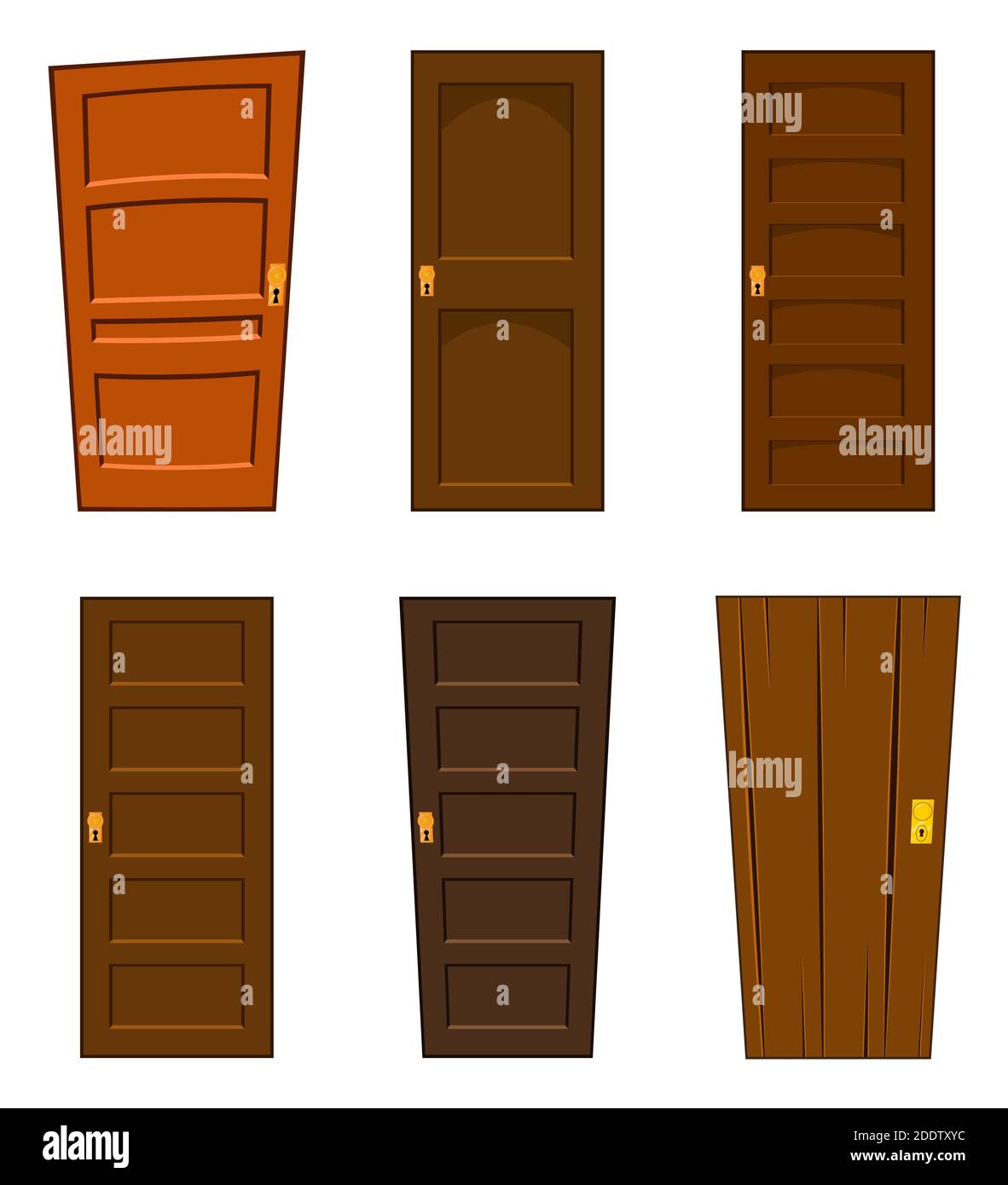Ensemble de vecteurs de porte isolé sur fond blanc. Collection d'éléments de dessin animé pour la maison. Porte en bois fermé marron dans un style différent. Appartements verrouillés Illustration de Vecteur
