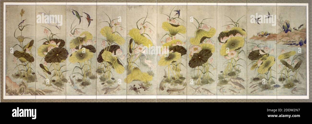 Écran pliant coréen, peintures à l'encre et aux couleurs de lotus, poissons et oiseaux, XIXe siècle, dynastie Chosôn, Académie des arts d'Honolulu Banque D'Images