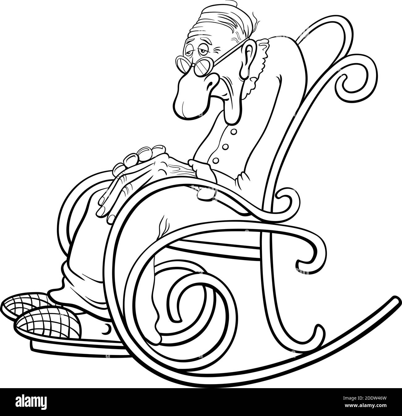 Illustration de dessin animé noir et blanc d'un homme d'âge mûr âgé ou grand-père dans la page de livre de coloriage de chaise à bascule Illustration de Vecteur