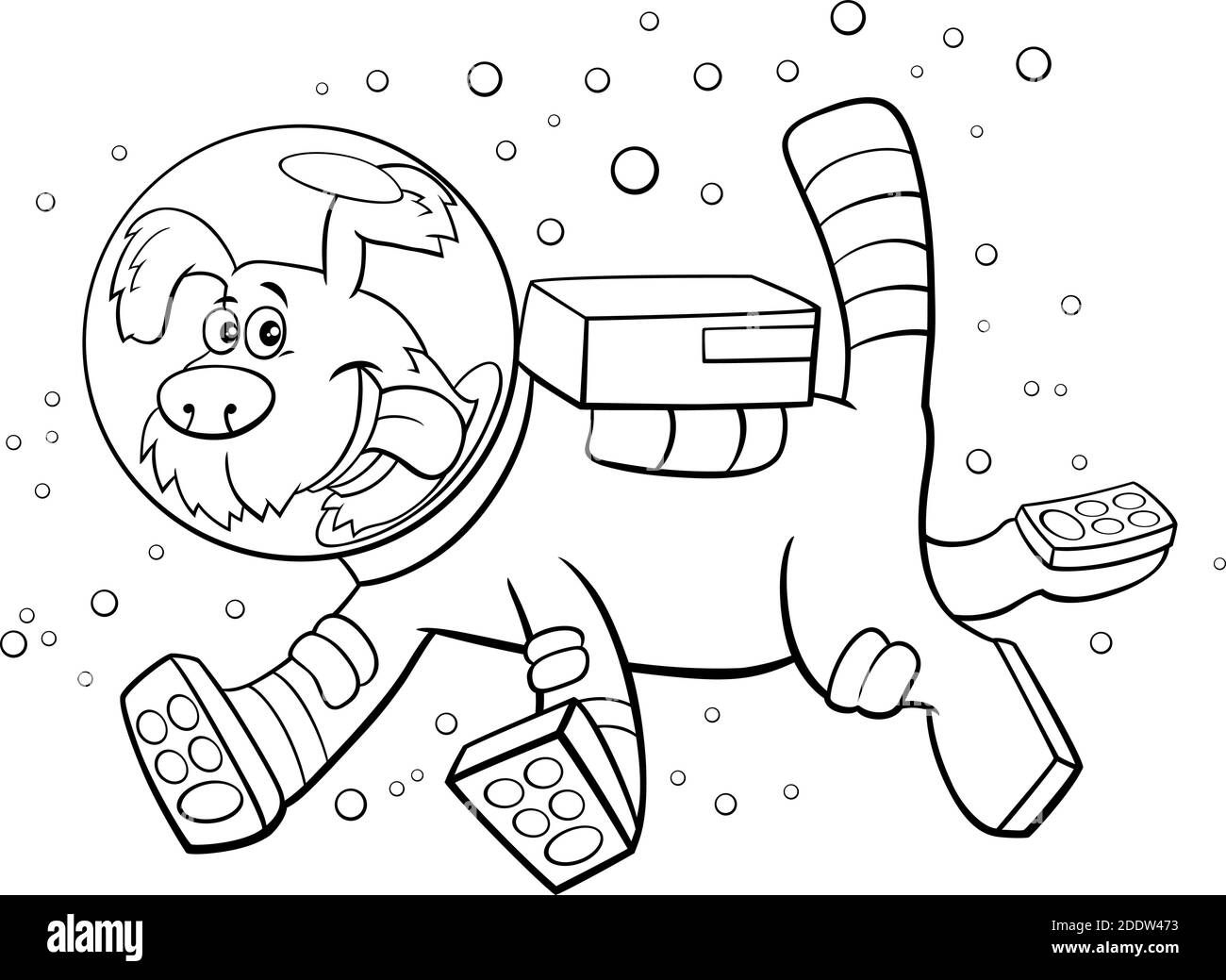 Illustration de dessin animé noir et blanc de chien drôle dans l'espace page de livre de coloriage de personnages d'animaux de bande dessinée Illustration de Vecteur