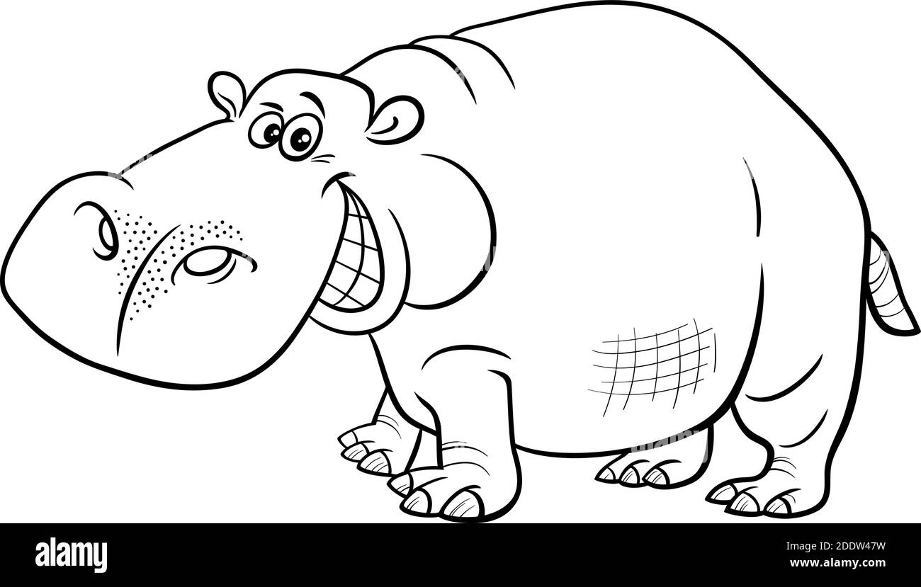 Illustration de dessin animé noir et blanc de l'animal sauvage d'hippopotame drôle page de livre de coloriage de caractères Illustration de Vecteur