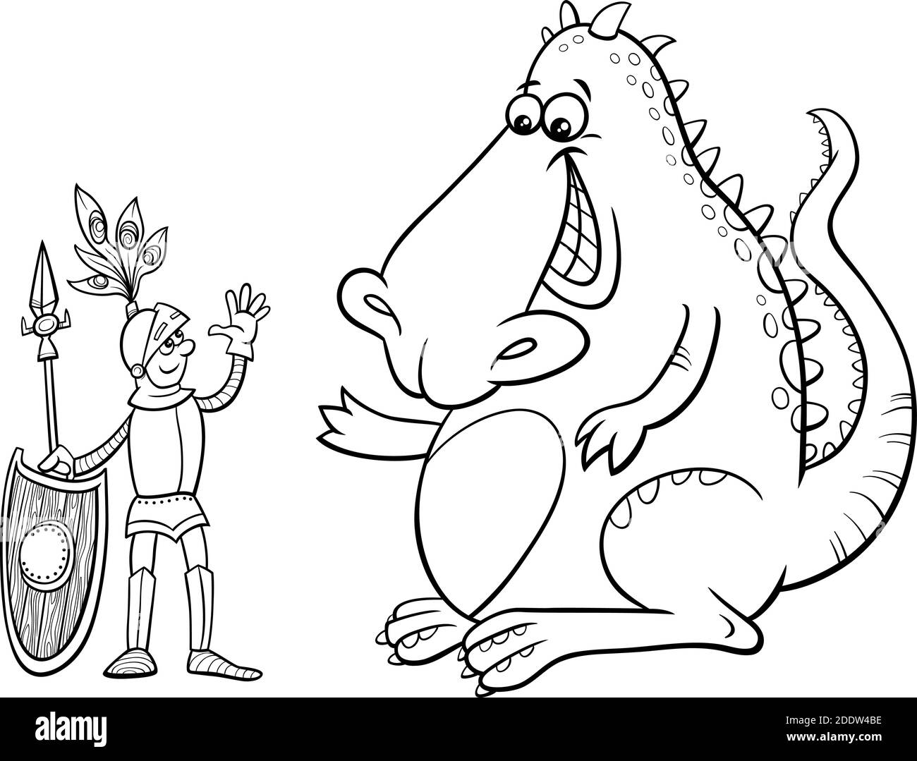 Dessin animé noir et blanc illustration humoristique du dragon et du chevalier avoir une page de livre de coloriage de discussion amicale Illustration de Vecteur