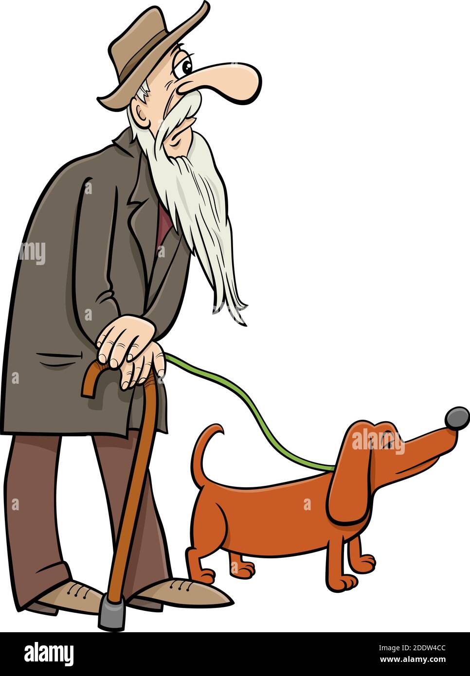 Illustration de dessin animé d'un homme d'âge mûr, âgé ou grand-père marchant avec chien Illustration de Vecteur