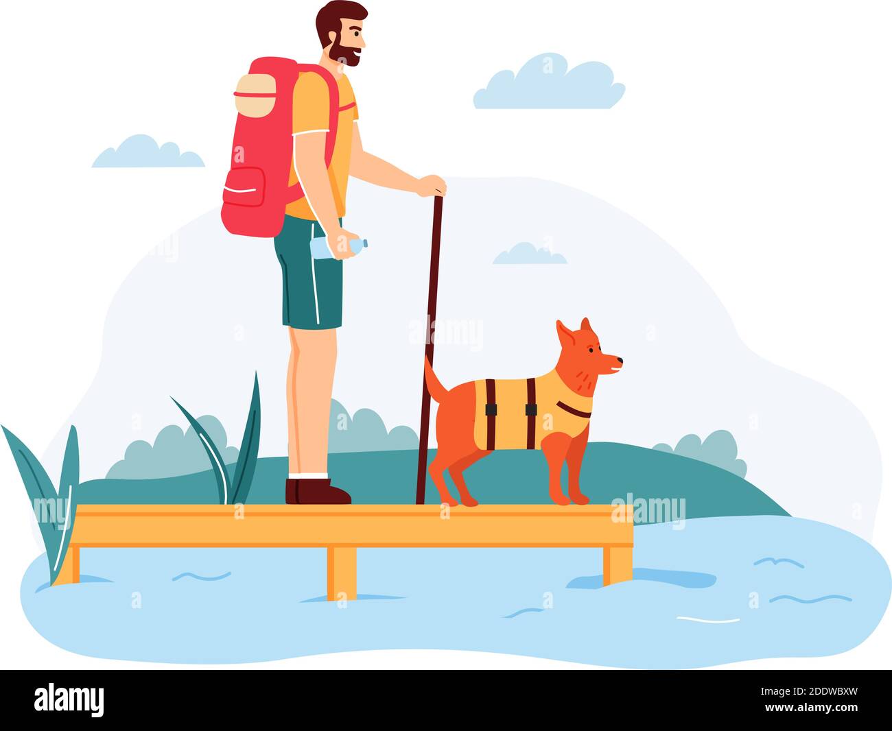 Jeune homme avec chien ayant voyage d'aventure d'été. Gars avec sac à dos et bâton de marche debout près de la rivière Illustration de Vecteur