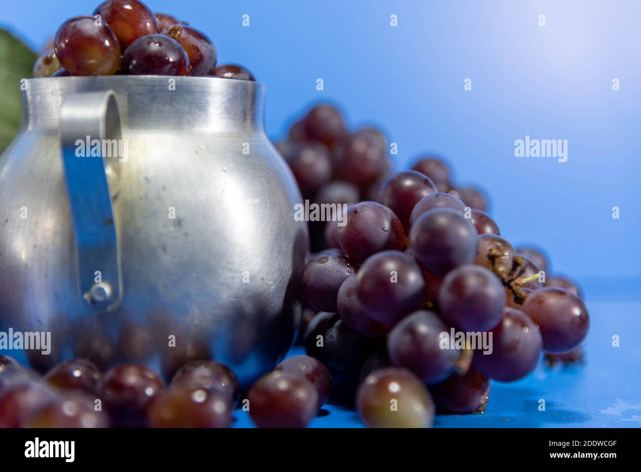 Fruits et baies de raisin frais. Fond bleu . Ingrédient pour les jus et le vin. Baies de raisin en aluminium. Banque D'Images