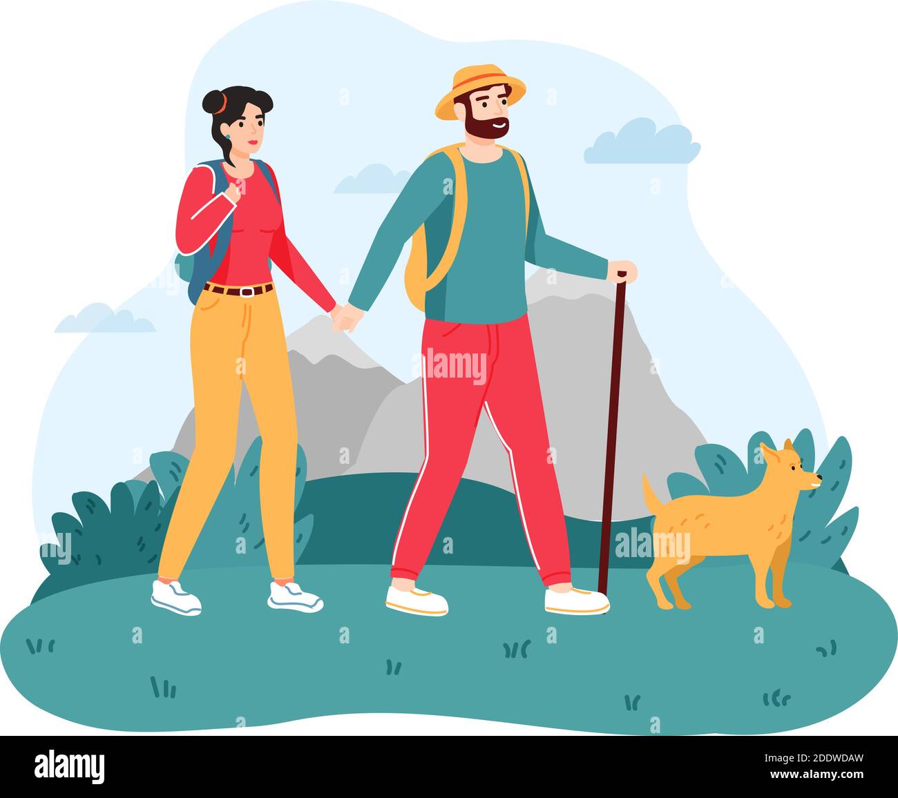 Couple voyageant avec un chien. Jeune homme et femme randonnée ou trekking sur la nature avec bâton. Personnes en voyage Illustration de Vecteur