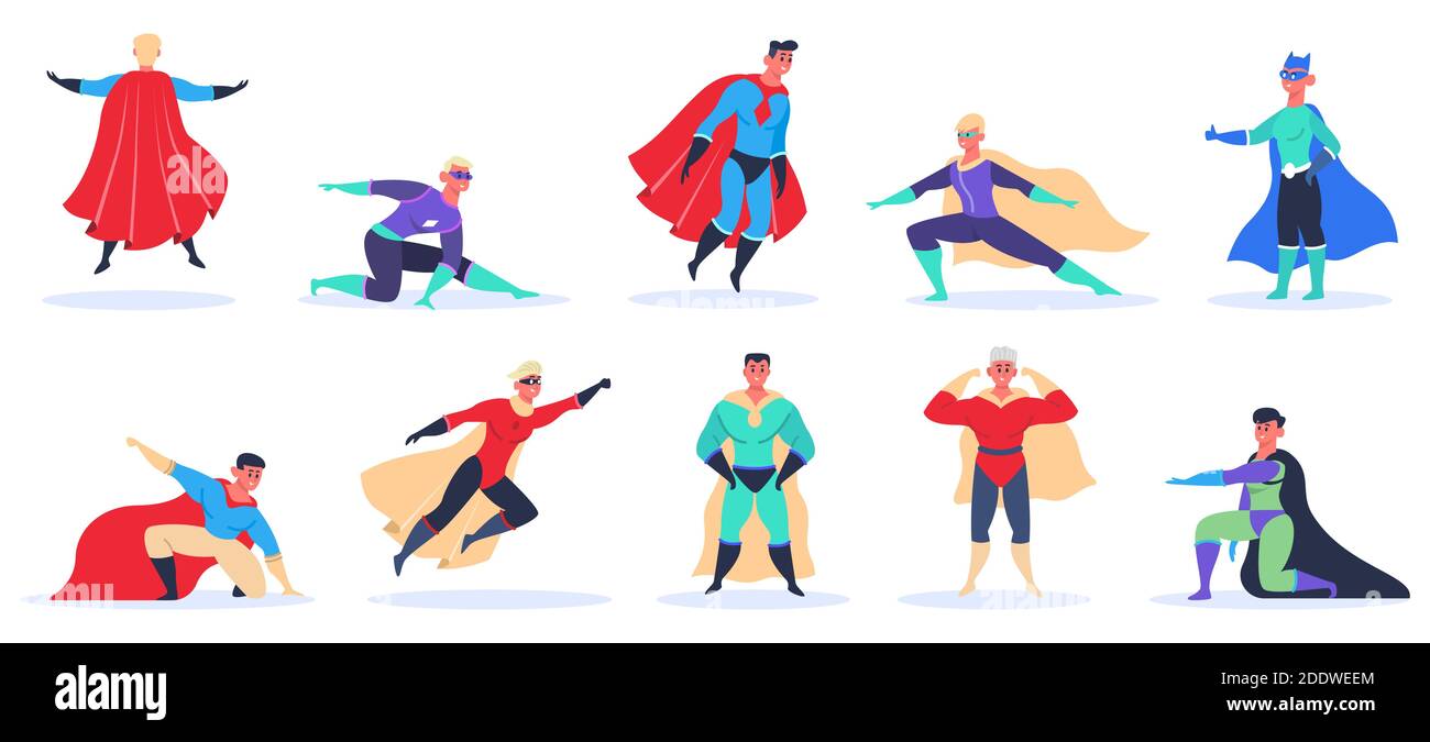 Personnages super-héros masculins. Un super-homme musclé en costume de super-héros, volant et debout en action pose un ensemble d'illustrations vectorielles isolées Illustration de Vecteur