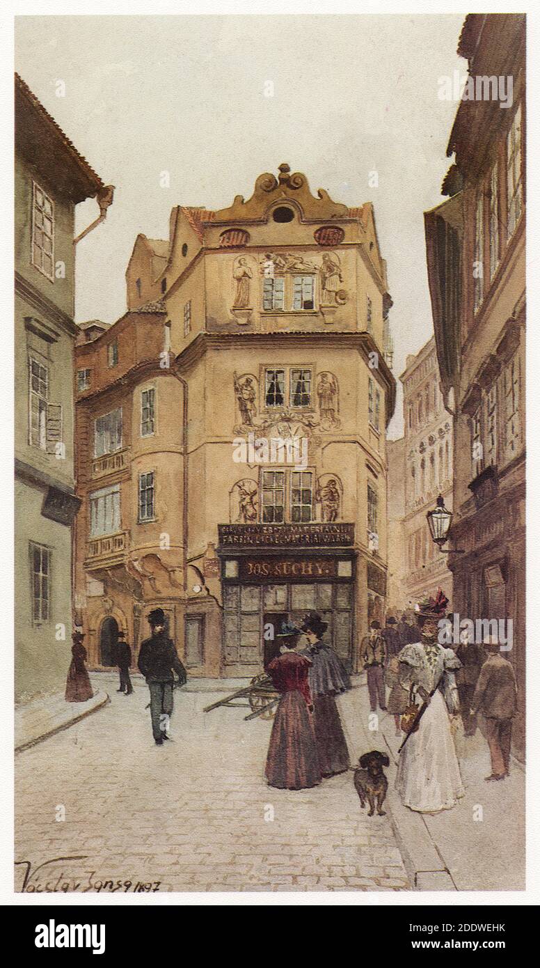 Rue Karlova avec la Maison au puits d'Or (Dům u Zlaté studně) à Staré Město (vieille ville) à Prague, représentée dans la peinture aquarelle du peintre tchèque Václav Jansa (1897) de son cycle Vieux Prague (Stará Praha) Commandé par le magistrat de Prague et publié au début du XXe siècle par l'éditeur tchèque Bedřich Kočí. Banque D'Images