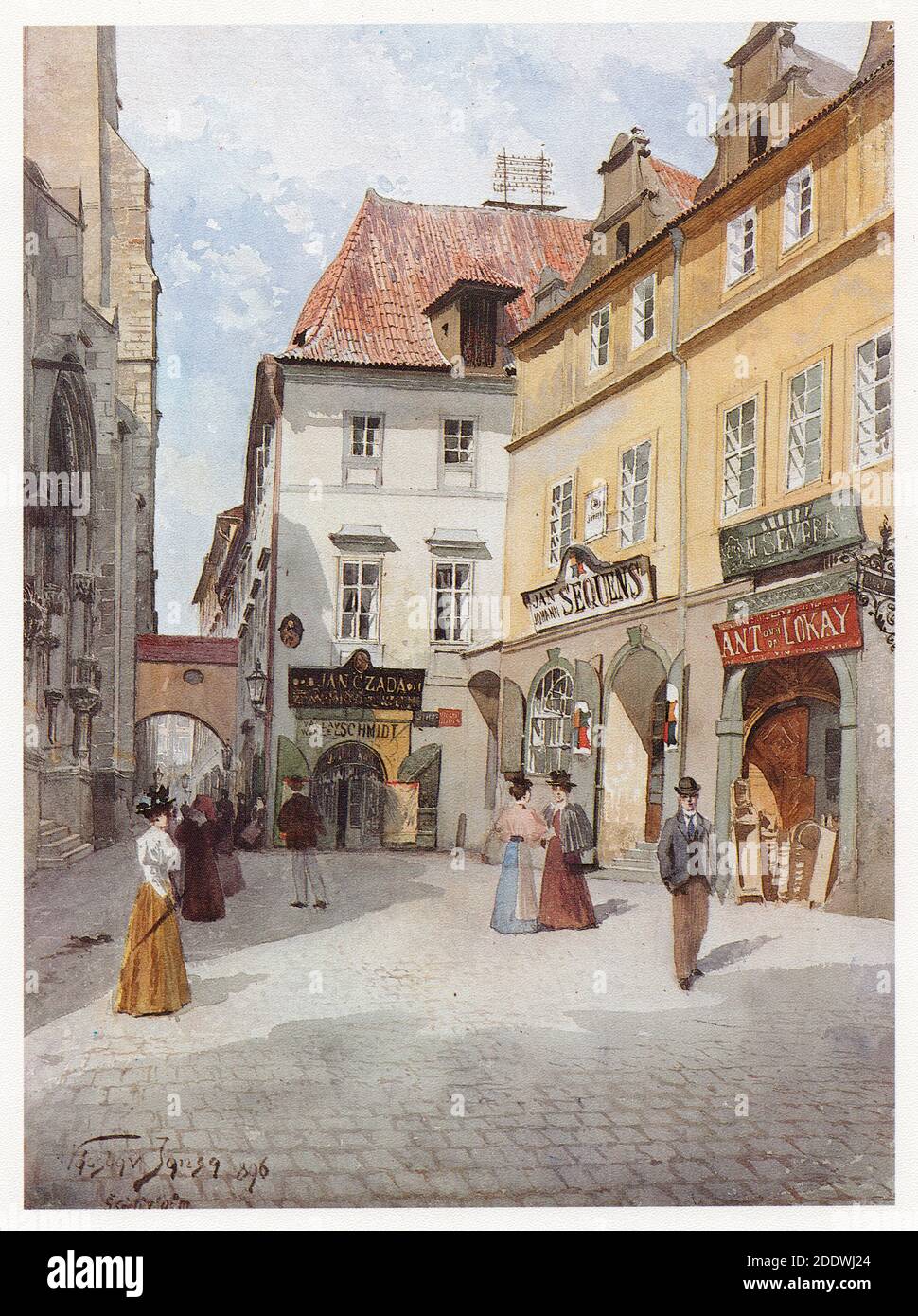 Rue Týnská avec la maison où le peintre baroque tchèque Karel Škréta est né à Staré Město (vieille ville) à Prague, représenté dans la peinture aquarelle du peintre tchèque Václav Jansa (1896) de son cycle Vieux Prague (Stará Praha) Commandé par le magistrat de Prague et publié au début du XXe siècle par l'éditeur tchèque Bedřich Kočí. Banque D'Images