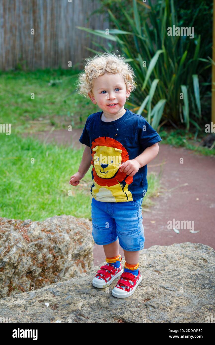 Un jeune garçon caucasien aux cheveux blonds âgé de 18 mois vêtu d'un t-shirt bleu avec un lion jaune et les shorts sont orientés vers l'appareil photo Banque D'Images