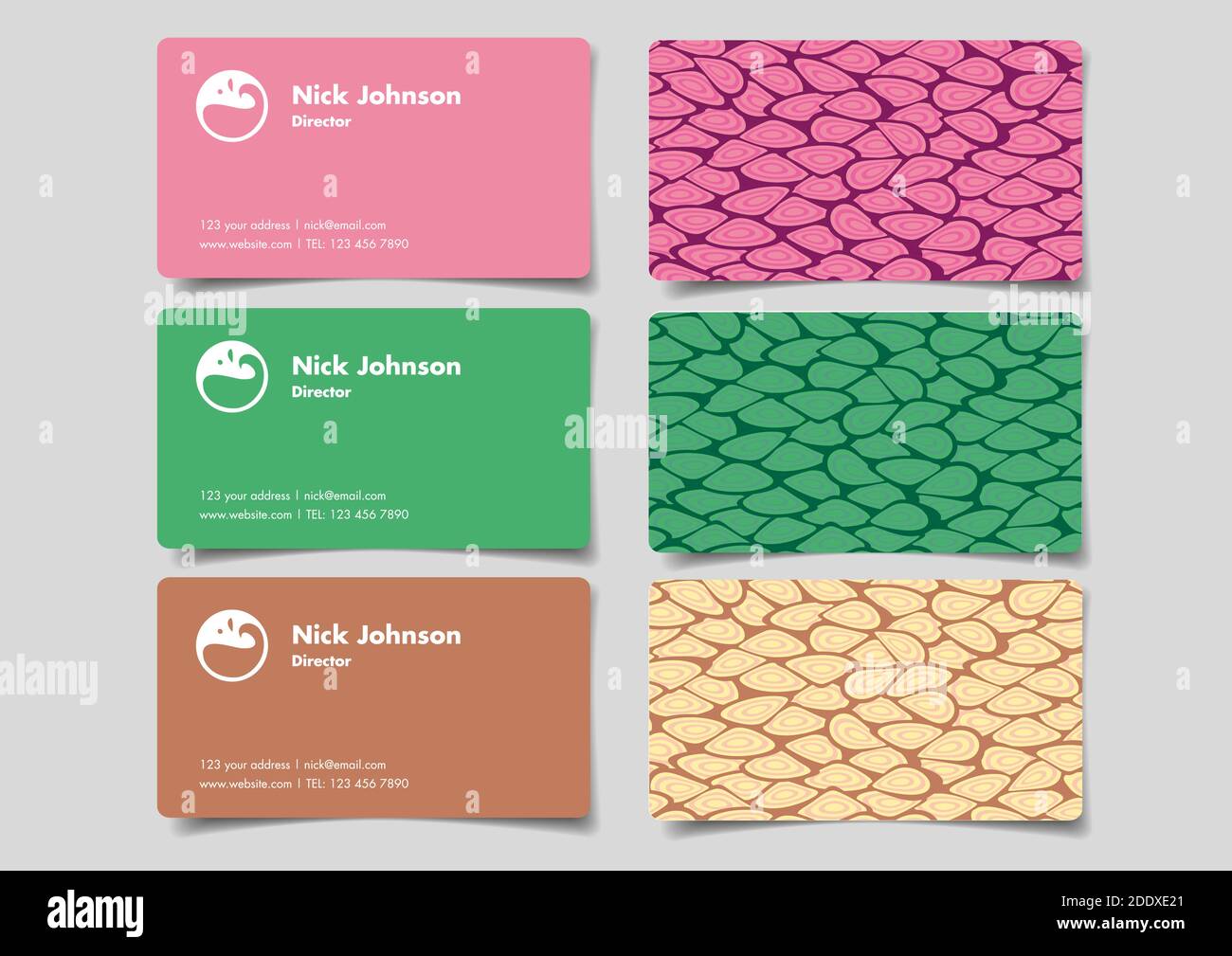 Ensemble de trois cartes de visite avec motif de formes abstraites créatives sur un côté dans les couleurs rose, vert et marron. Isoler l'illustration vectorielle Illustration de Vecteur