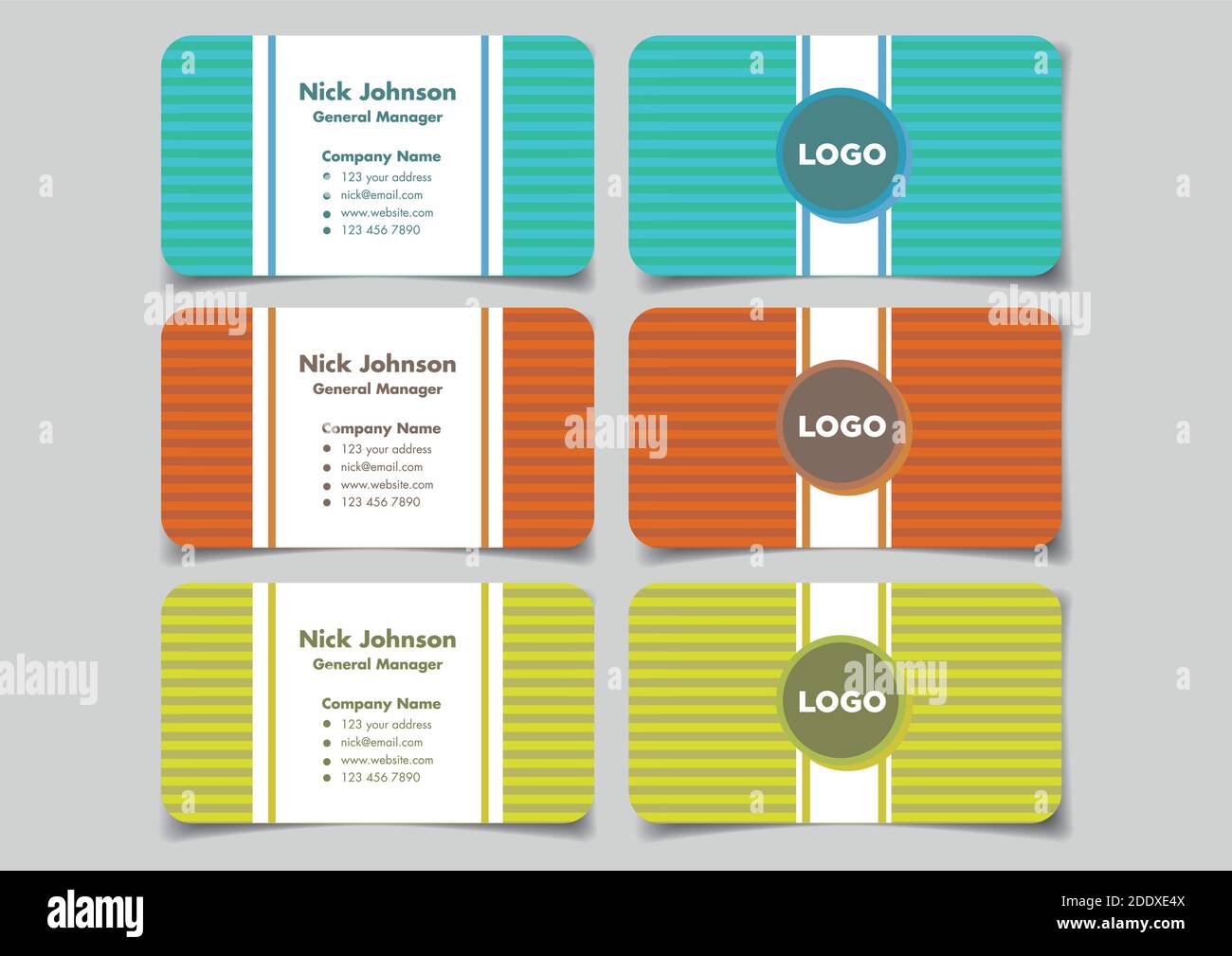 Carte de visite avec motif à rayures horizontales sur l'arrière-plan dans des couleurs amusantes et éclatantes pour la marque d'entreprise. Jeu de trois maquettes de vecteur illus Illustration de Vecteur